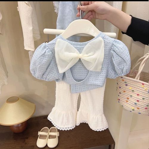 Girls' Short Sleeve T-Shirt  New Children's Summer Fashionable Bowknot Backless Underwear Fashion Bell Bottom Pants 