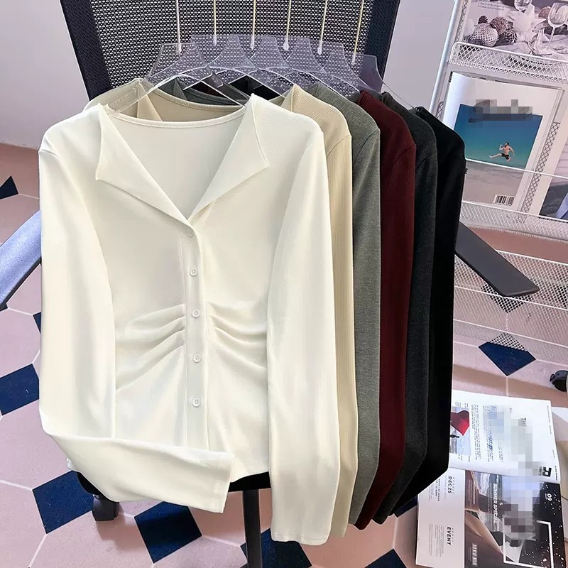 White plus-size long-sleeved t-shirt, early spring new style, pure and sweet, spicy pleated polo collar, slim fit, inner layer, women's base layer.