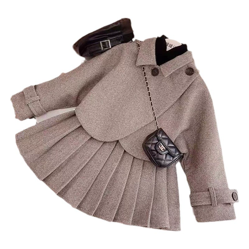 6386 Весенний и Осенний шерстяной костюм для девочек Пиджак с плиссированной короткой юбкой из двух частей