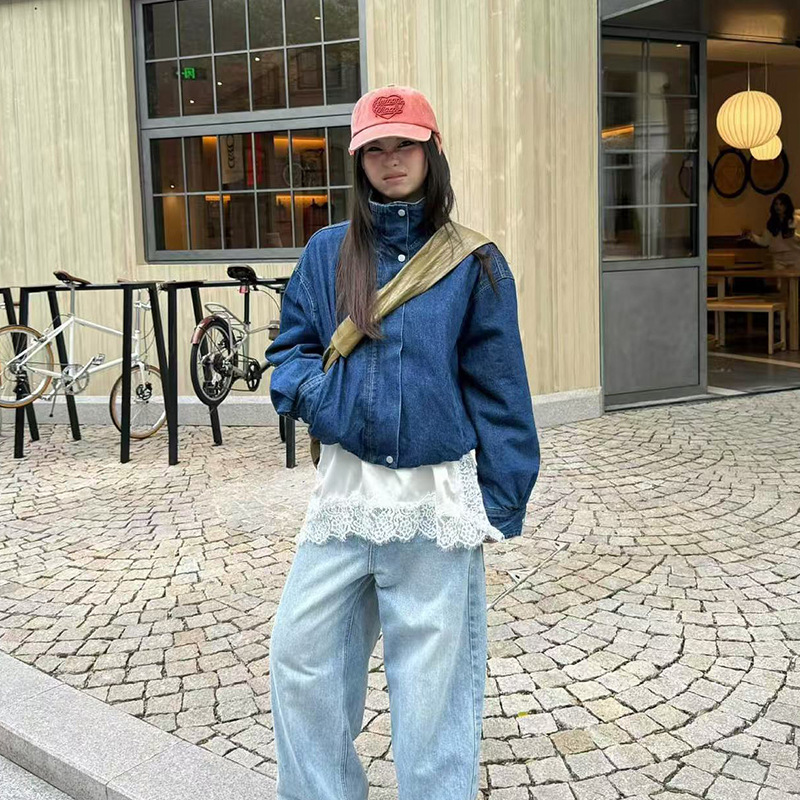 sc2026秋季韩系新款高级感牛仔蓝立领短款夹棉牛仔外套夹克女