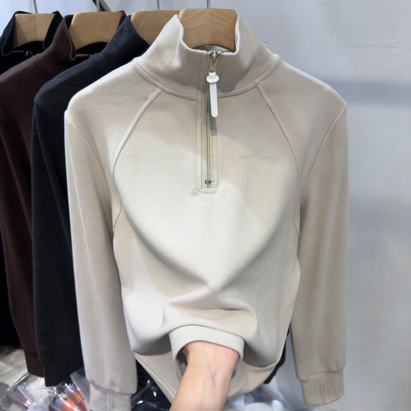 Thermal Pure Color Zip-Up Half-Cardigan Stand Collar Long-Sleeve Sweatshirt for Women, 2026 Autumn and Winter New Simple Trendy Top