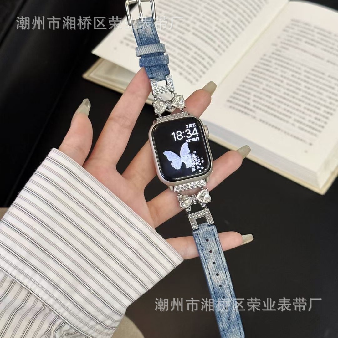 Butterfly Metal Denim Strap Suitable for S9 Apple Watch Strap Applewatch87 Generation Se High-End Sense