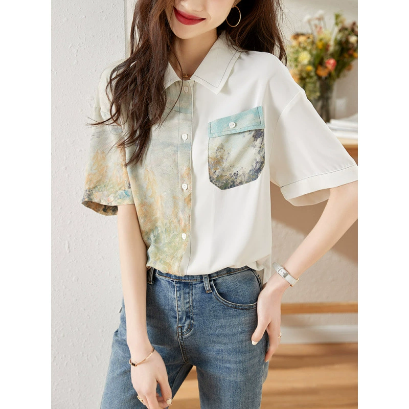 Эрмитаж премиум-чувственным совместным принтом рубашка женский 2025 летний новый свободный сшитый топ