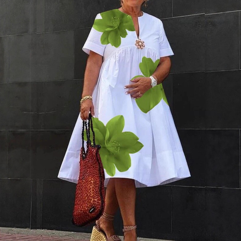 Cross-Border Women's New Summer Style 2025 V Neck Pleated Short-Sleeved White Bottom Loose Floral Print Casual Dress