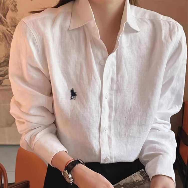 韩系百搭亚麻衬衫刺绣女秋季天薄款外搭开衫宽松减龄长袖休闲衬衫