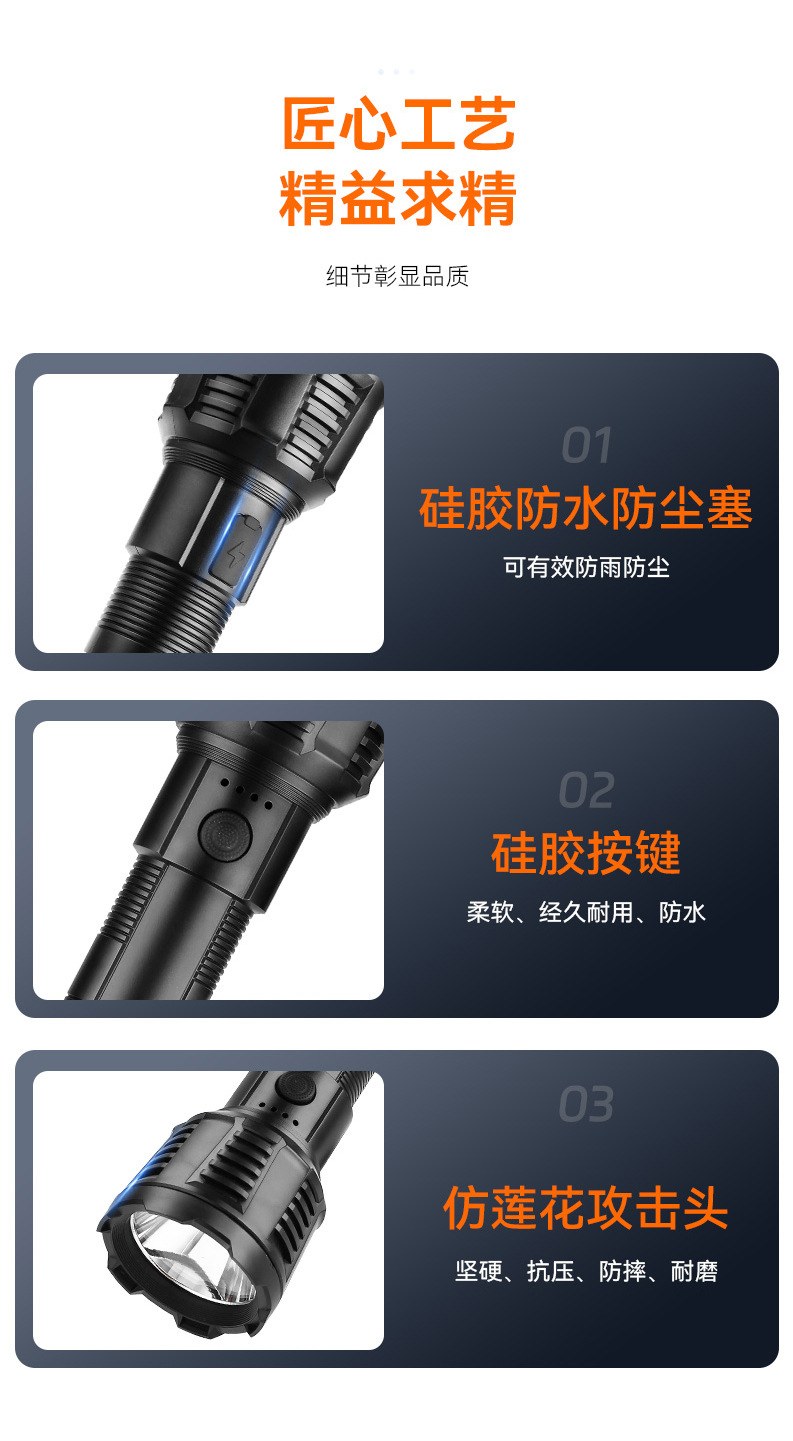 Kangming Strong Light Flashlight for Home Use, Rechargeable, Portable for Outdoor Use, Suitable for Rural Night Paths, Durable Against Drops, Long-Range Illumination, with Electronic Display for Batte