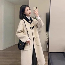 双面绒毛呢外套女秋冬中长款气质小个子显瘦牛角扣呢子大衣潮