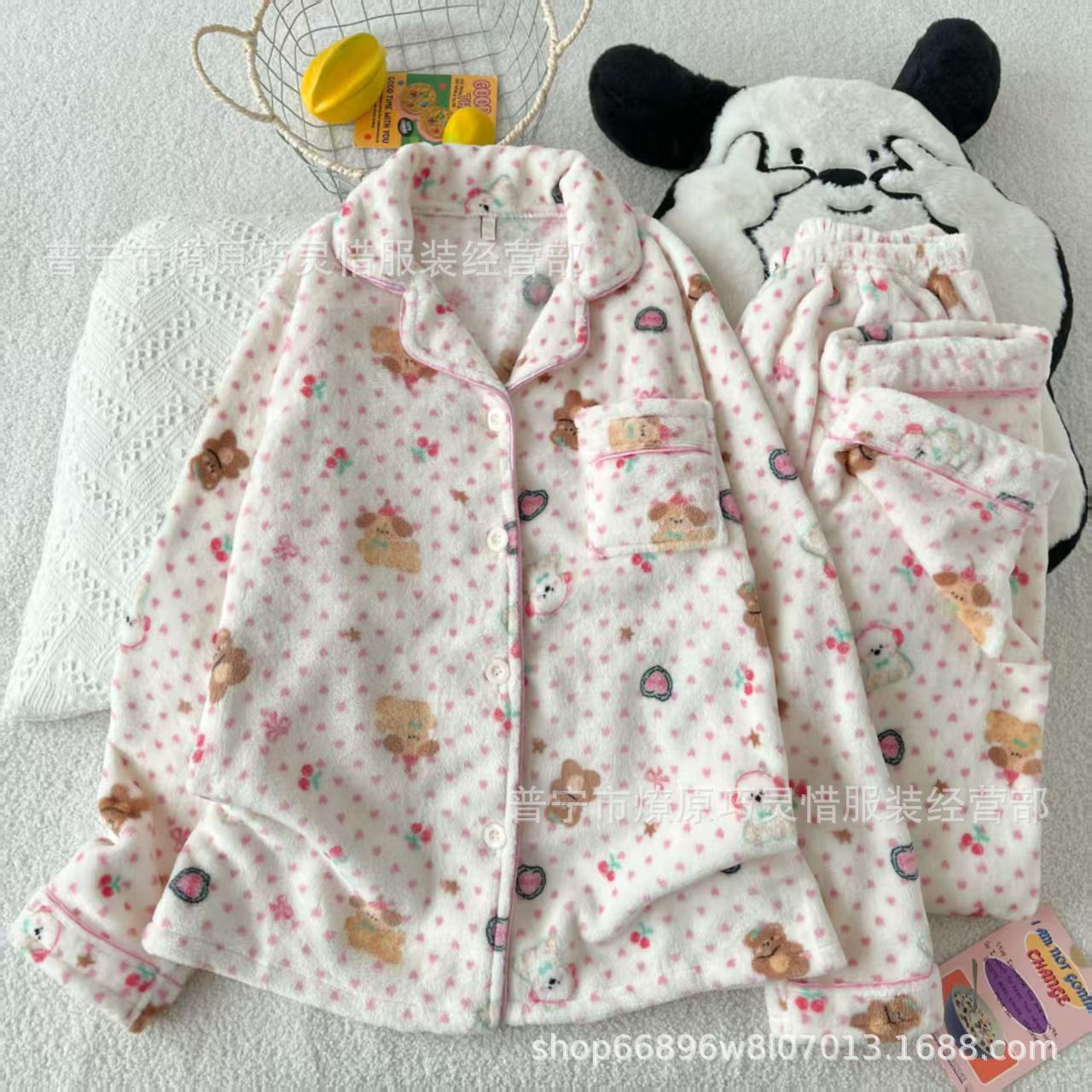 Franela otoño y invierno nueva linda niña caliente y gruesa dulce kitty gato suelto conjunto de pijamas se puede usar fuera
