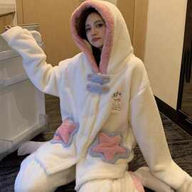 少女可爱睡衣珊瑚绒连帽套装冬季加厚暖暖绒开衫家居服可外穿冬天