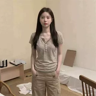 批发泰国辣妹亨利领条纹正肩短袖t恤上衣夏季修身小个子气质百搭