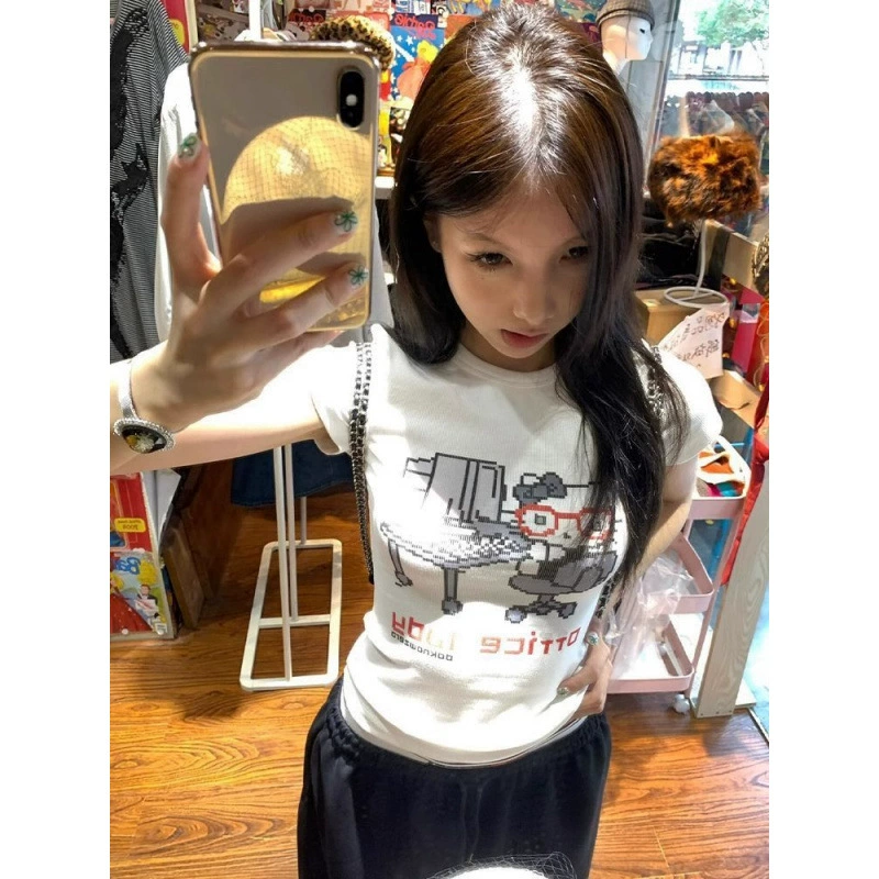 Американский ретро белый kitty кошачий принт с коротким плечом футболка женская летняя новая тонкая тонкая горячая девушка топ