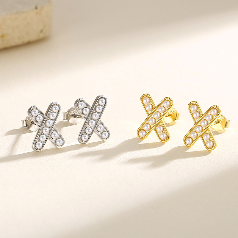 Perla Cruz letra X Stud pendientes de plata 925 estilo francés luz estilo de lujo nicho diseño sentido nicho Stud pendientes Internet celebridad mismo estilo