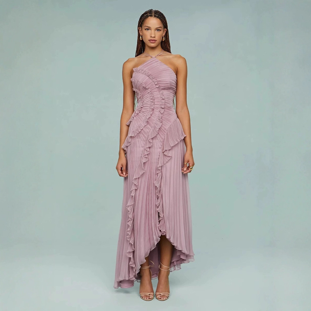 Cross-Border Supply of Classy Chiffon Dresses for Women, Ruffled Pleated Design, Slimming Look Mid-Length Skirt, European and American Fast Fashion