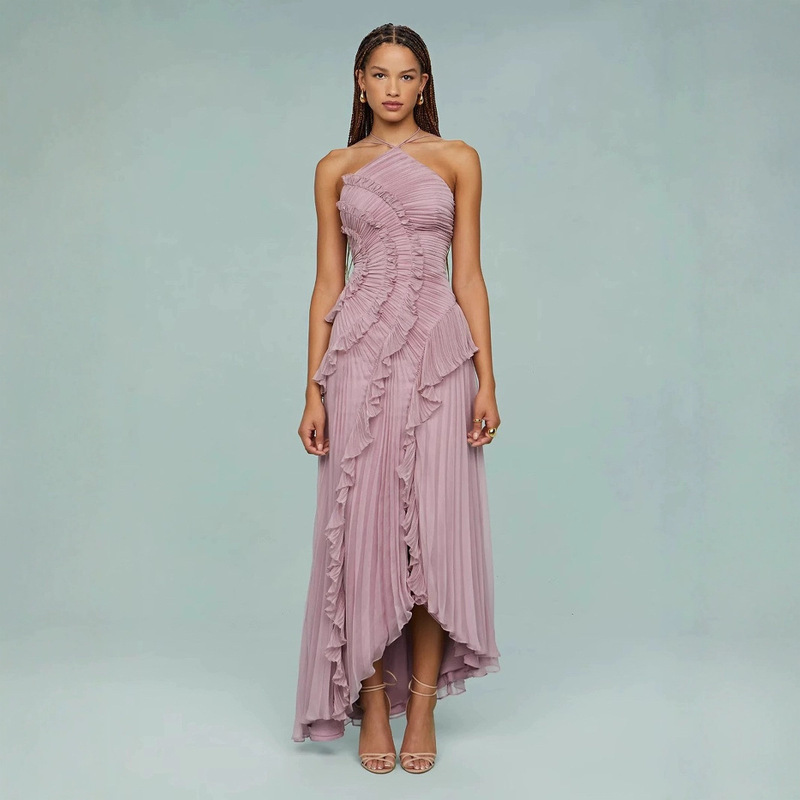 Cross-Border High-End Chiffon Dress for Women, Ruffled Pleated Design, Slimming Mid-Length Dress, European and American Fast Fashion