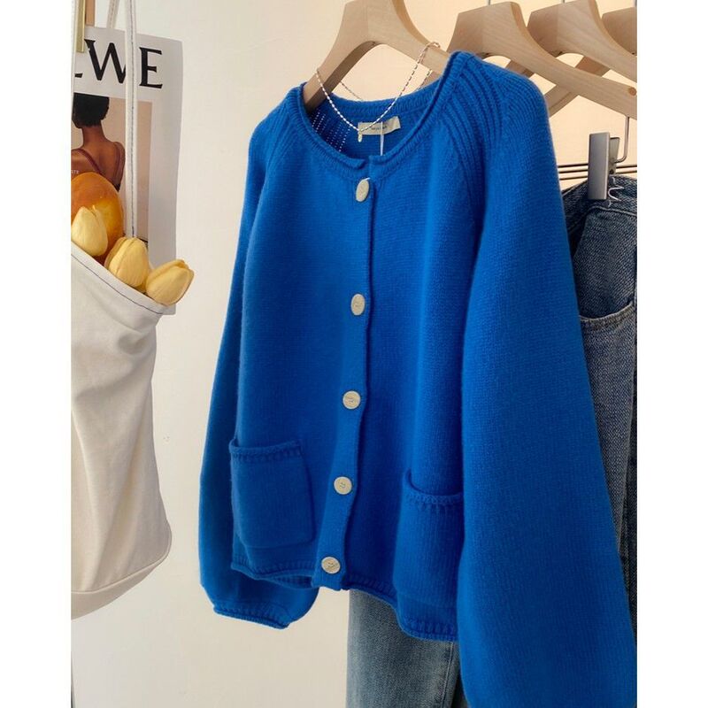 2025 New Autum Klein Blue Sweater Cardigan Jacket Women's Design Niche Lantern Sleeve Sweater Cardigan