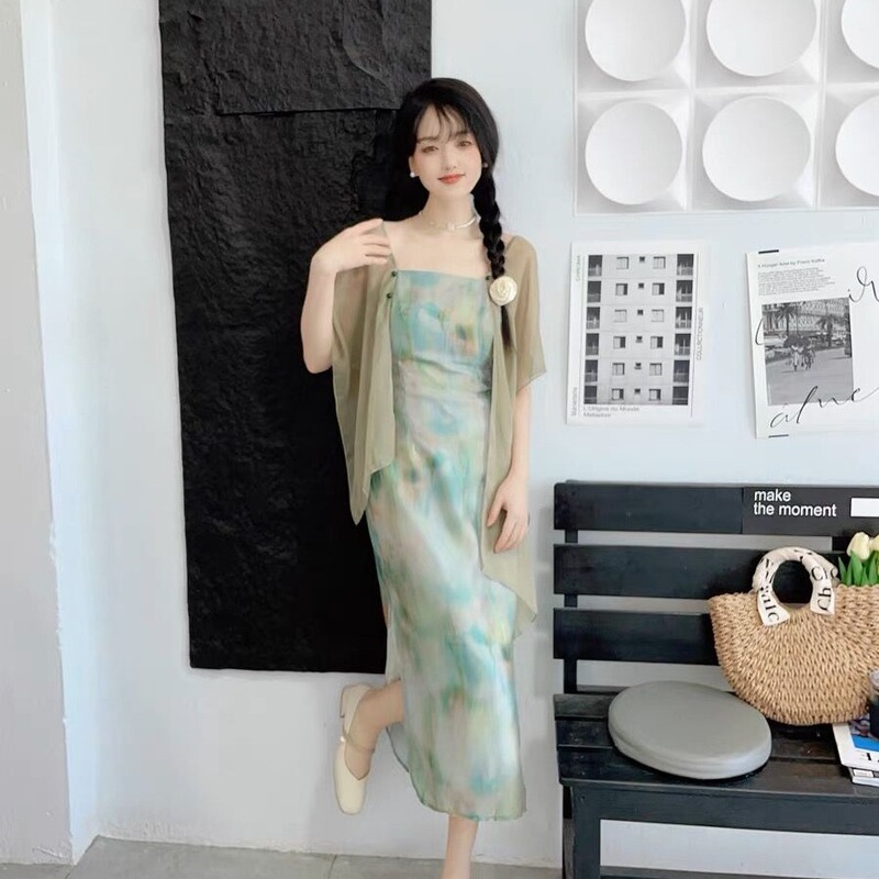 Collarbone-Exposing Square-Neck Dress, New Chinese-Style Qipao with National Elements, Ink Painting Backless Dress, Seaside Vacation Flowing Long Dress