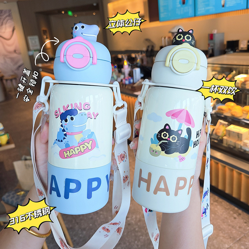 新しい高品質子供用魔法瓶カップ 316 ステンレス鋼ストローカップ学生ポータブル大容量かわいいウォーターカップ|undefined