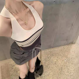 挂脖条纹夏季款修身镂空背心针织衫打底吊带短款韩版露背2023气质
