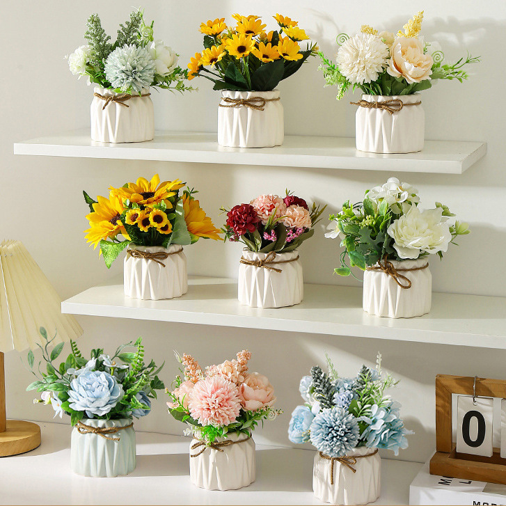 Artificial Flowers Wholesale Hydrangea Potted Ornaments Living Room Restaurant Fake Flowers Green Plants Bonsai Desktop Decoration Furnishings Bouquets