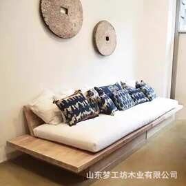 榆木直排沙发椅民宿酒店沙发椅简约休闲沙发实木床落地式实木沙发