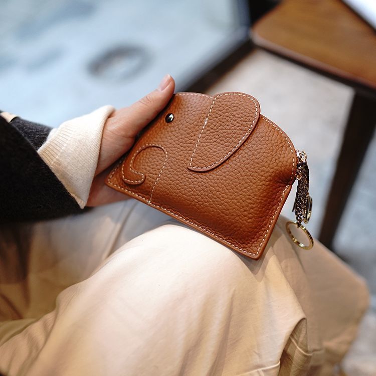 Elephant Japanese-Style Coin Purse Ins Genuine Soft Leather Women's Mini Coin Purse Keychain Coin Storage with Chain Elements