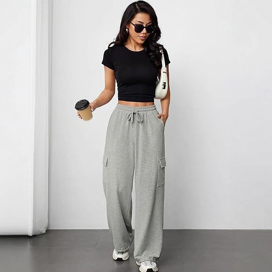 Women Wide Leg Sweatpants Cargo Pants High Waist Sports Pants Loose Joggers Casual Trousers with Pockets