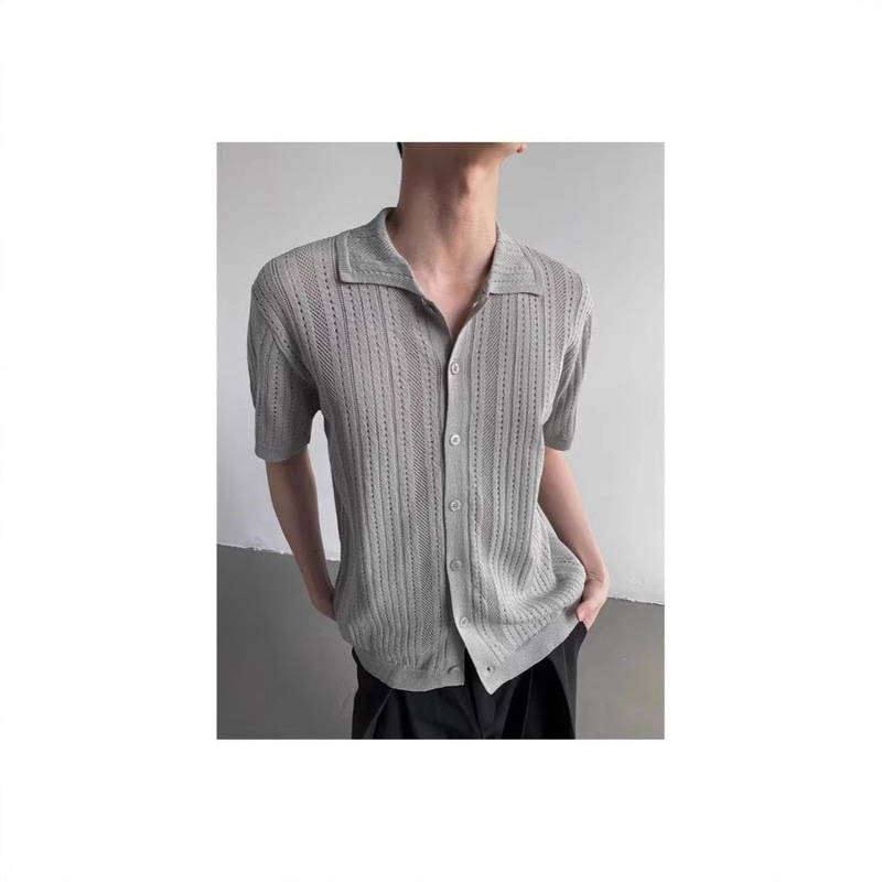 Korean Ins Hollow-Out Lapel Short-Sleeve Men's Ascetic Knitwear Fashionable Lace Shirt Cardigan T-Shirt Summer Cool and Handsome