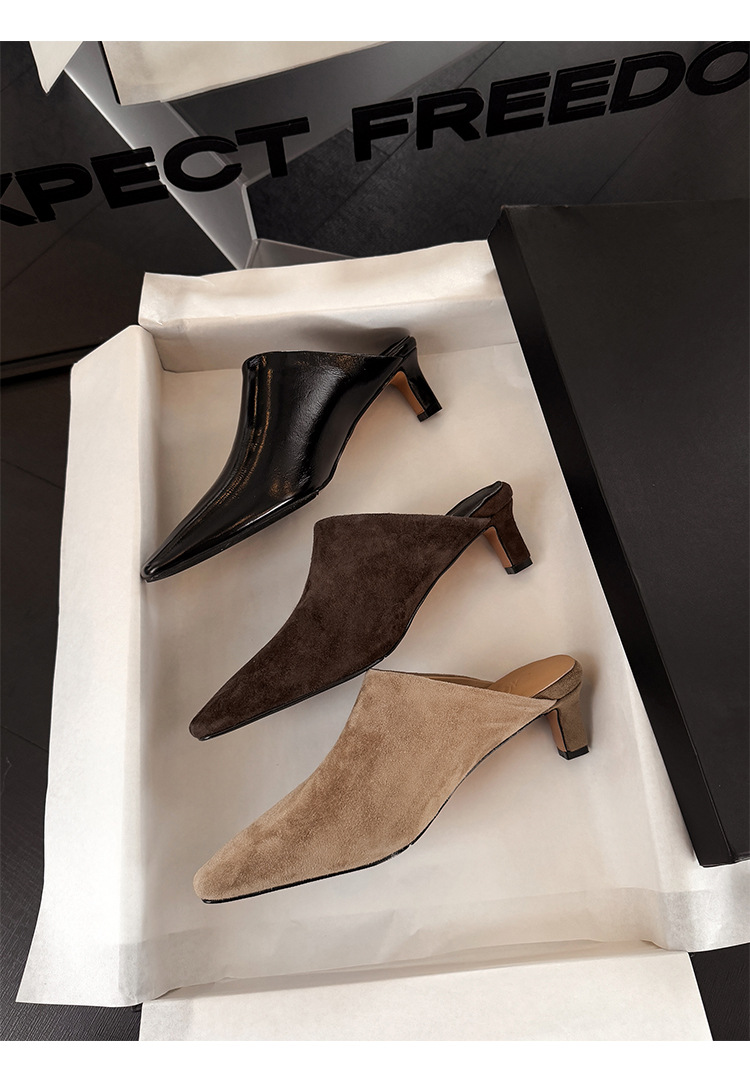 Giày mule nữ da cừu mũi vuông gót 4,5 cm, phong cách Hàn Quốc, dép nửa kéo tiện lợi — màu nâu chi tiết 23