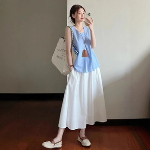 Korean Style Gentle Style Suit for Women Summer Sweet Blue Sleeveless Vest Top High Waist Skirt Two-Piece Set