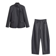 跨境外贸女装2025秋冬季欧美风立领斜襟西装外套+阔腿长裤套装女