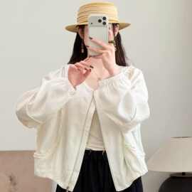 2026秋小众设计感拼接花边圆领外套女亚麻宽松休闲百搭夹克上衣