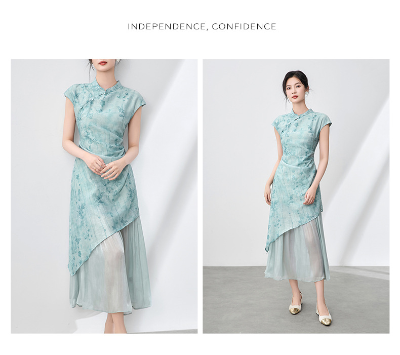 Đầm sườn xám maxi giả hai mảnh họa tiết hoa văn tối màu xếp li bóng gạc — Màu hồng chi tiết 8
