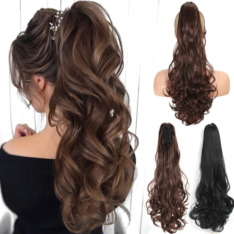 Foreign Trade Wig Ponytail for Women with Long Curly Hair, Claw Clip Style, Synthetic High Ponytail, Realistic Large Wave Long Braid