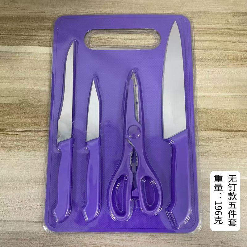 Fábrica directa de cuchillo de frutas de acero inoxidable cinco piezas cuchillo portátil con tablero de verduras al aire libre cuchillo de picnic juego de regalo