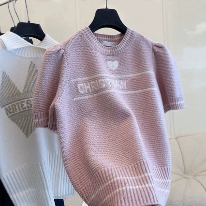 Nanyou Women's Clothing Little D Heart Beaded Letter Jacquard Puff Short Sleeve Pullover Knitted Wool Short Sleeve Sweater Nanyou Women's Clothing Little D Heart Beaded Letter Jacquard Puff Short Sleeve Pullover Knitted Wool Short Sleeve Sweater