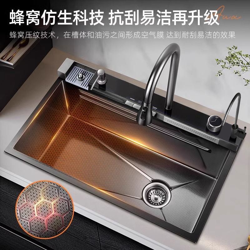 "Edición de exportación" lavabo de cocina ballenas de lluvia volante cascada estampado gran lavabo de un solo tanque (sin pantalla digital)