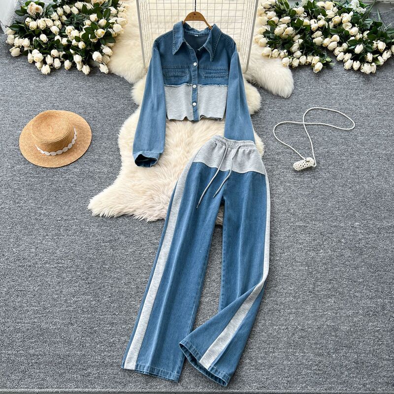Hong Kong Style Casual Suit for Women, High-Waisted Patchwork Denim Wide-Leg Straight Pants Two-Piece Set, Fashionable Lapel Jacket Hong Kong Style Casual Suit for Women, High-Waisted Patchwork Denim Wide-Leg Straight Pants Two-Piece Set, Fashionable Lapel Jacket