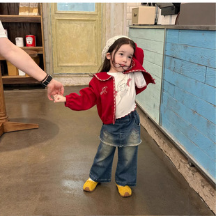 Girls' Outwear Autumn Clothing 2025 New Style Girls' Stylish Printed Navy Lapel Cardigan Tops Baby Versatile Clothes