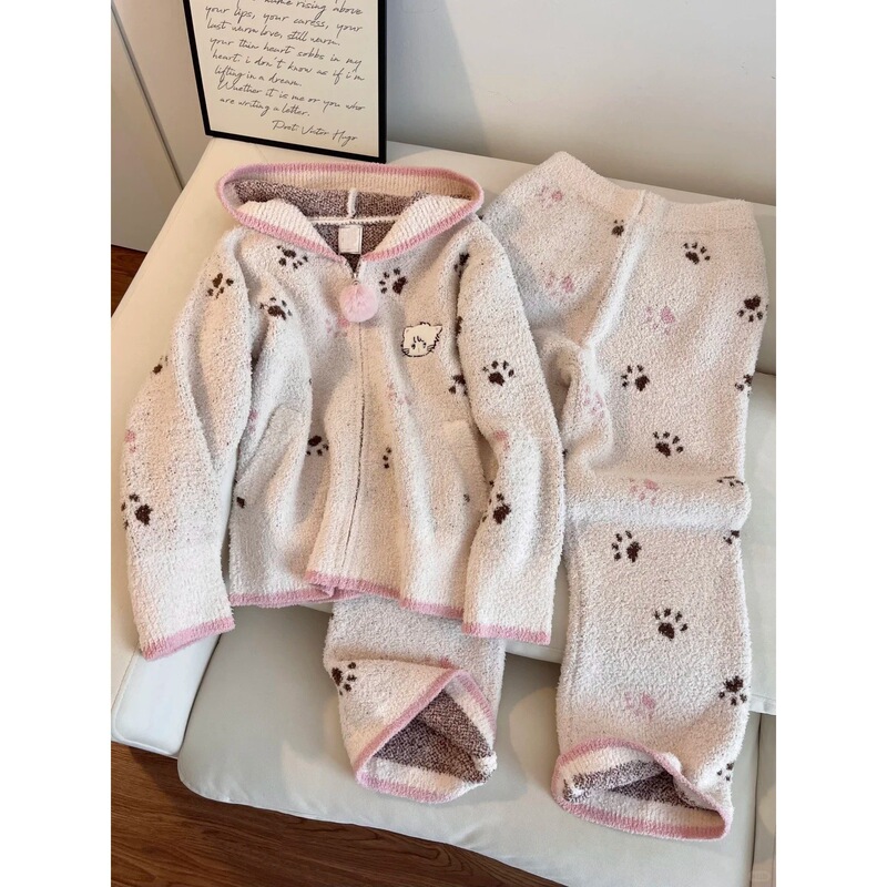 Korean-Style Hooded Cat Paw Mary Cat Knit Half-Velvet Pajamas for Women, New Autumn and Winter Warm Thickened Loungewear in Stock