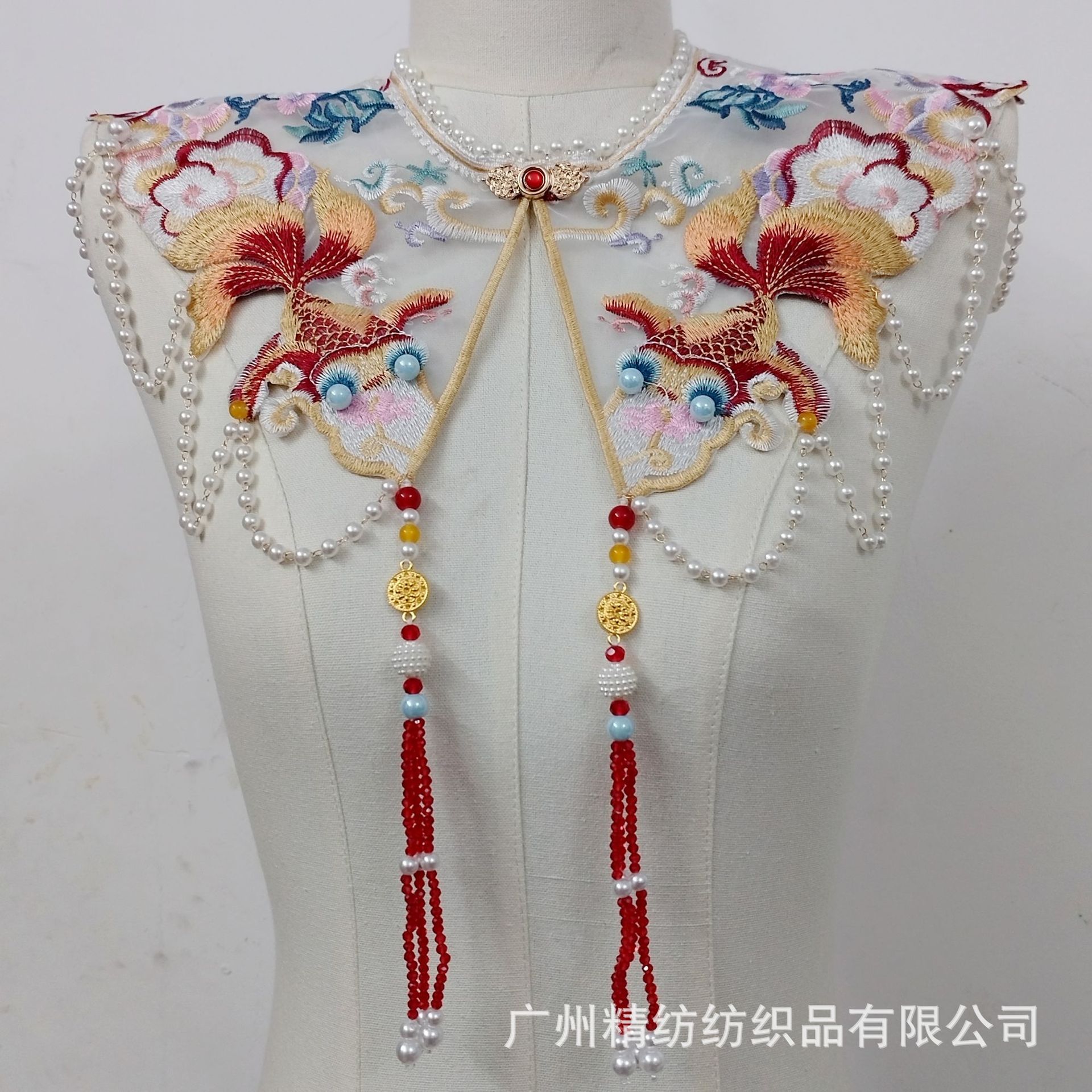 中国风童装汉服云肩带吊穗金鱼领子刺绣纱布款花边领装饰衣领小披