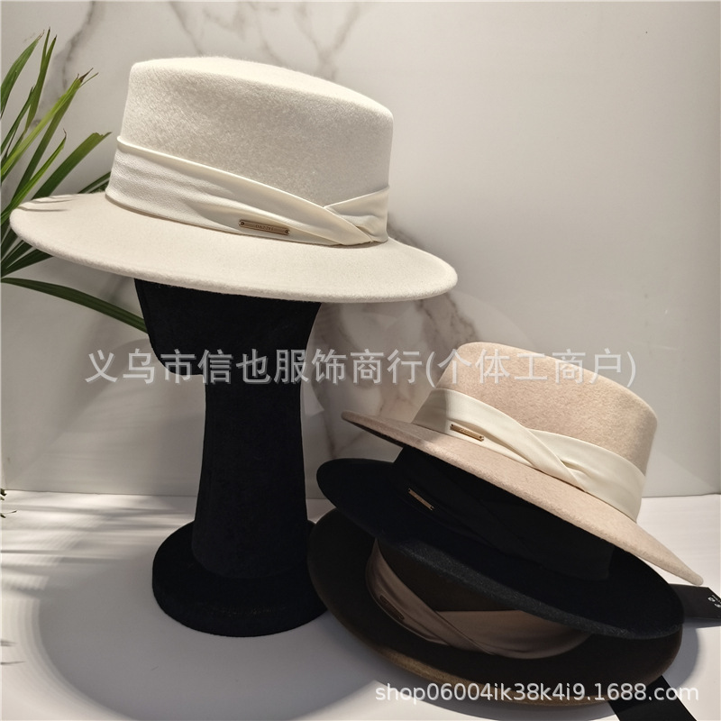 名媛美学羊毛帽子秋冬保暖时尚经典百搭平顶帽澳洲羊毛大帽檐礼帽|undefined