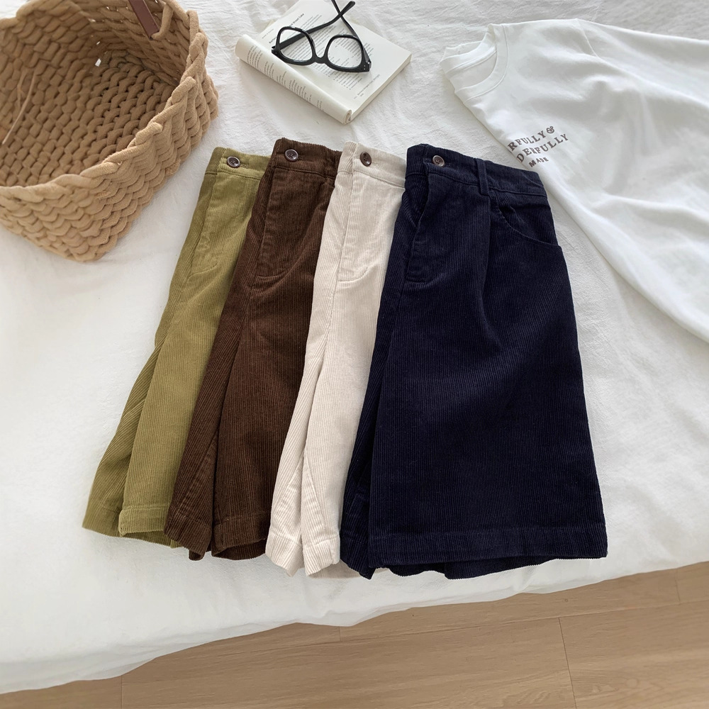 日系小个子灯芯绒短裤女显瘦百搭A字阔腿五分裤显白复古休闲裤秋