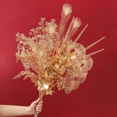 仿真金色波斯叶年宵花福桶材料金色花材银杏叶尤加利塑料假花批发