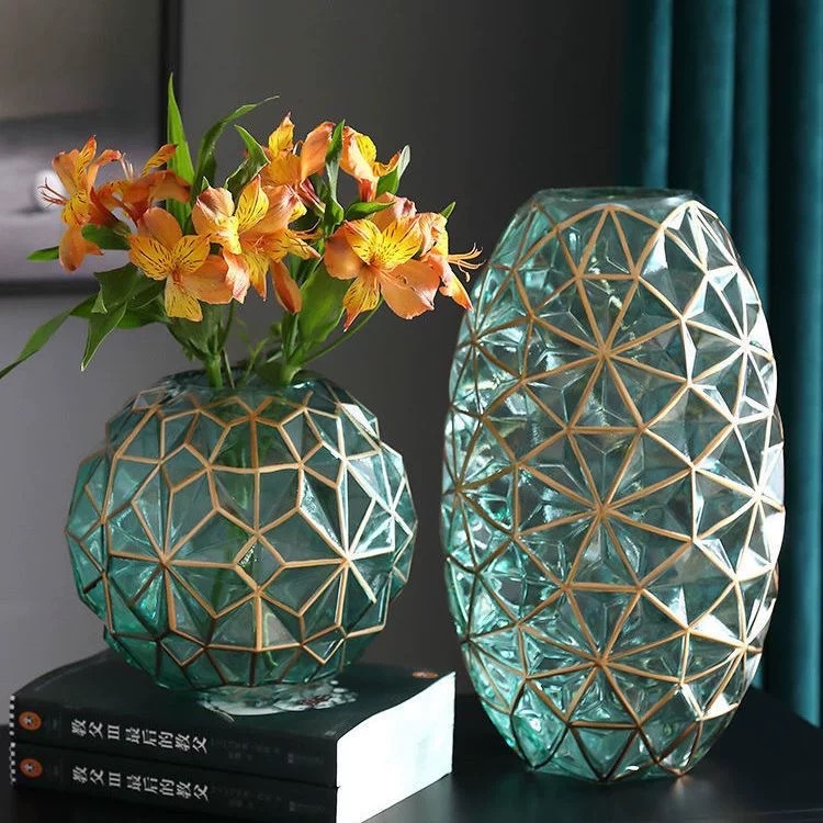 Jarrón de cristal pintado en oro de estilo europeo, ligero y lujoso, para sala de estar, mesa de comedor, arreglo floral cultivado en agua, artesanías decorativas, adornos, flores secas