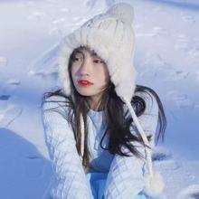 白色兔毛冬季雪地毛线帽女可爱毛球护耳毛茸茸雷锋帽保暖帽子毛绒