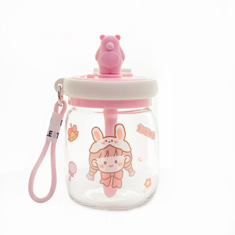 Taza de agua creativa para niños de dibujos animados taza de paja de gran capacidad de mano taza de vidrio portátil taza de oso lindo
