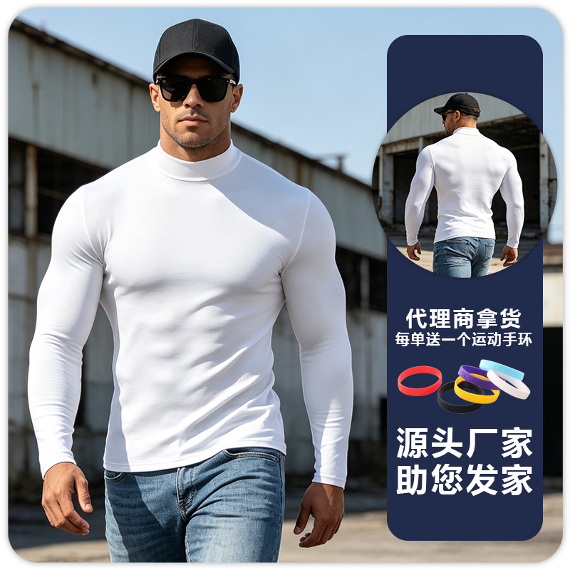 B5024 hombre de manga larga ajustado de cuello de media altura deportes de yoga correr maratón camisa de calentamiento camisa de base trajes de gimnasio