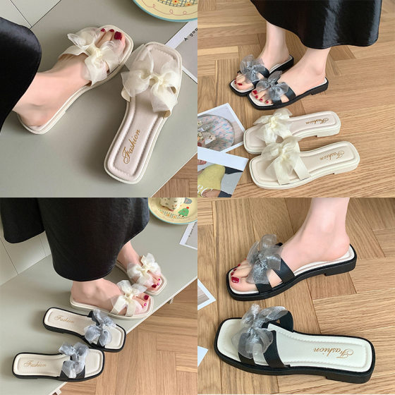 Summer Girls' Heart Mesh Bow Slippers Women's Outfit Non-Slip Flat Seaside Beach Sandals Fashionable