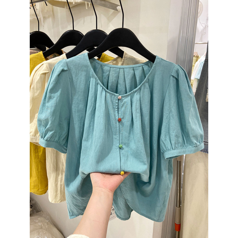 法式短袖棉麻衬衫女夏2025新款高端设计感韩系宽松泡泡袖小衫上衣|undefined