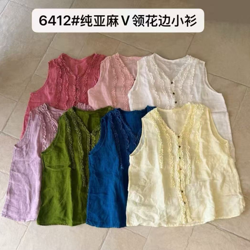 26 New Summer Products, Fashionable, Breathable, Refreshing and Comfortable Pure Linen V-Neck Lace Sleeveless Shirt, Versatile Top for Work Clothing 26 New Summer Products, Fashionable, Breathable, Refreshing and Comfortable Pure Linen V-Neck Lace Sleeveless Shirt, Versatile Top for Work Clothing